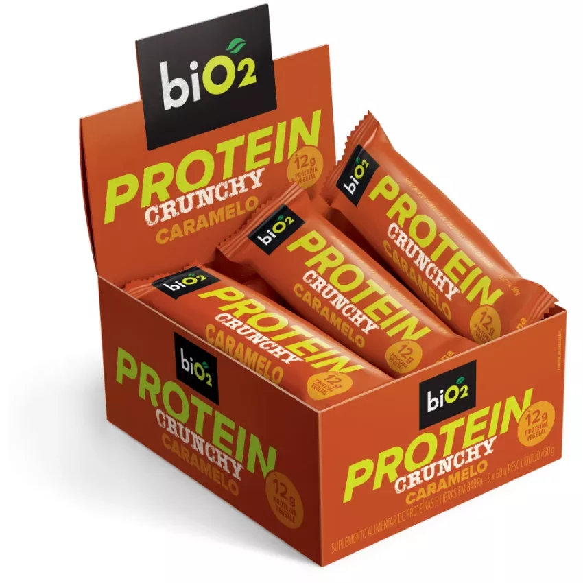 Barrinha de Proteína Crunchy sabor Caramelo 50g - Vegana e Sem Glúten - Display com 9 - biO2