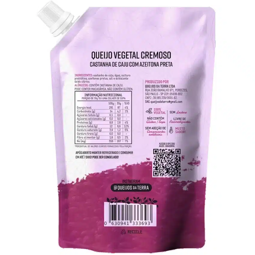 Queijo Cremoso de Castanha de Caju com Azeitona Preta 180g - Queijos da Terra